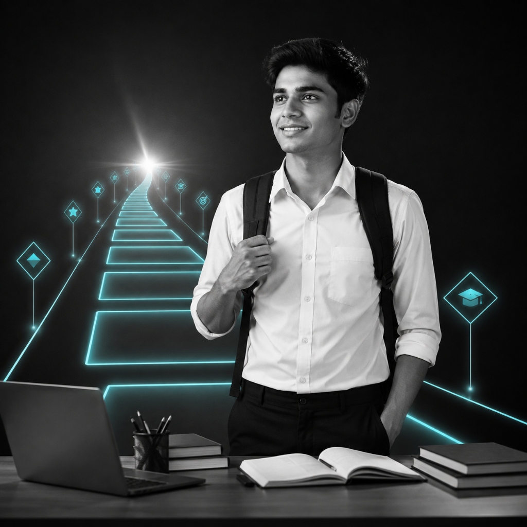 Confident student with clear illuminated digital path after Brave Beginning