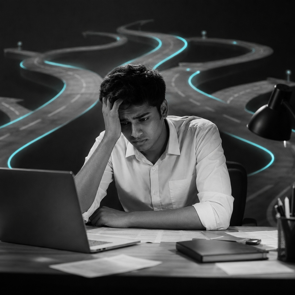 Stressed student overwhelmed by confusing digital paths before Brave Beginning