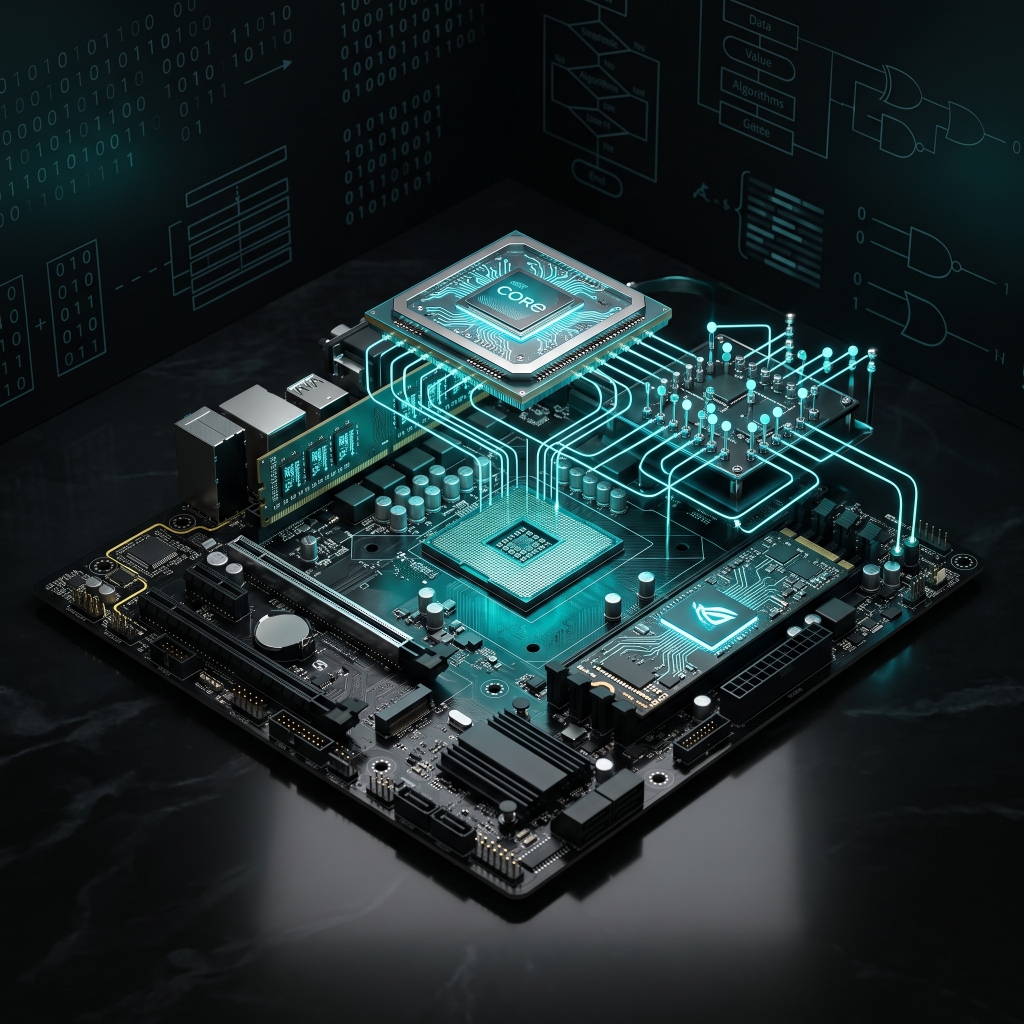 3D computer fundamentals motherboard hardware with CPU processor, glowing aqua circuit traces, RAM modules, and logic diagrams
