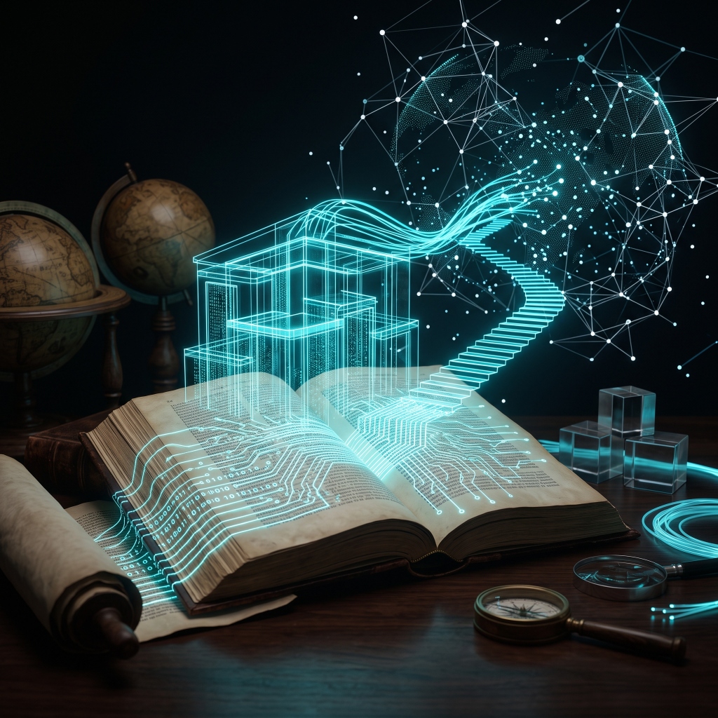 Digital literacy concept with open book, glowing aqua circuit pathways forming architectural structures, and digital universe constellation