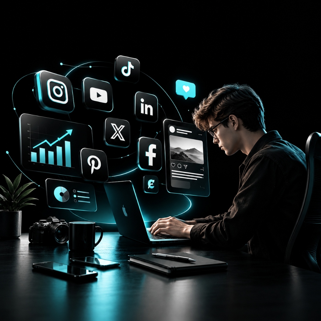 Digital freelancer working on laptop with floating holographic interfaces for social networks, analytics growth charts, content previews, and camera gear