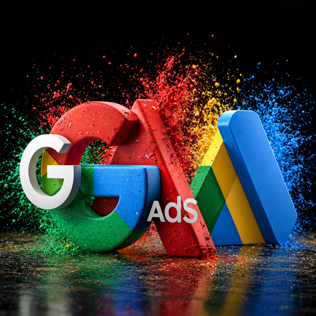 Colorful 3D Google Ads typography with vibrant powder explosion