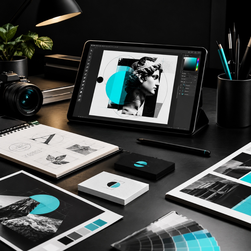 Graphic design workspace with digital tablet artwork, typography sketchbook grid, branding stationery, color swatches, and drafting tools