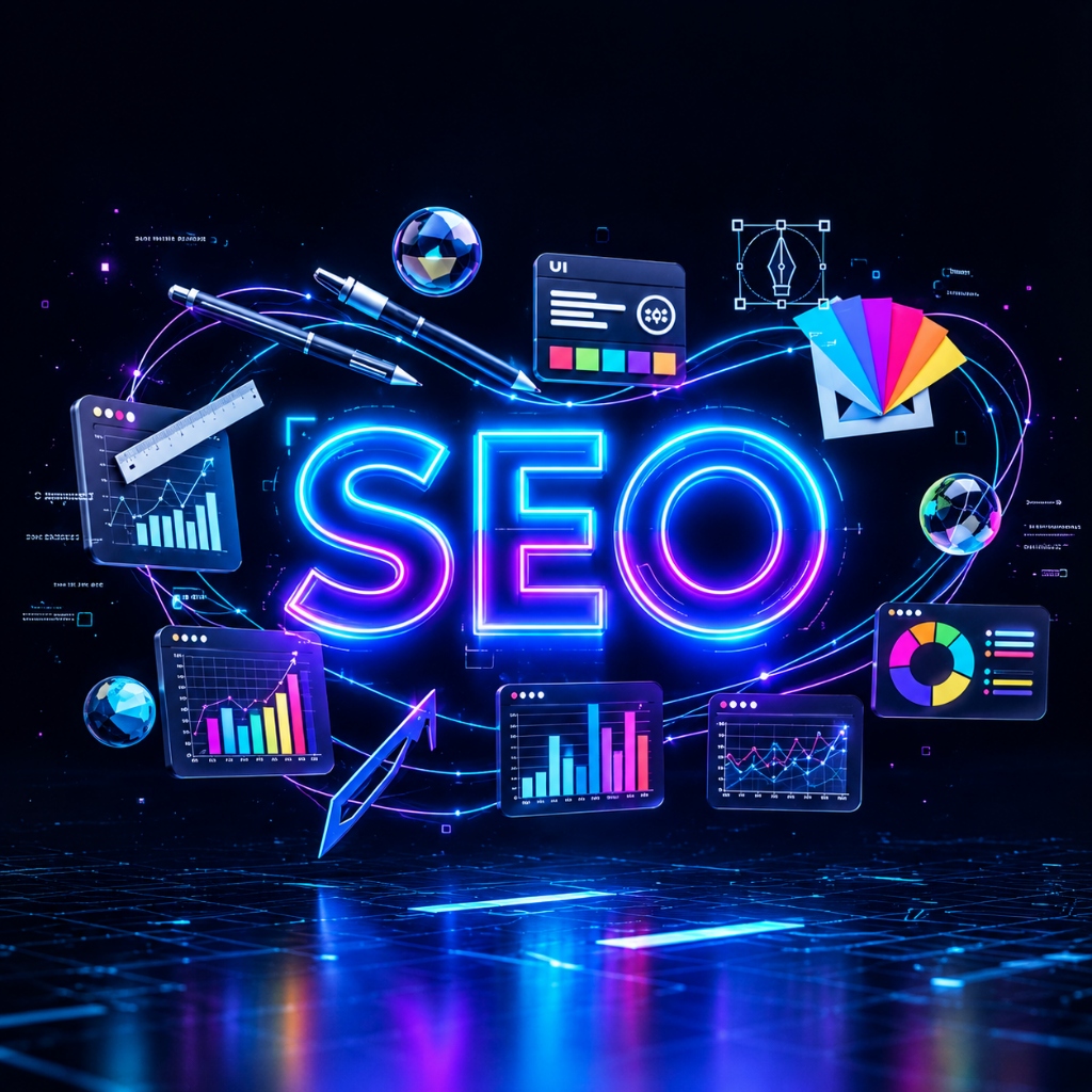 Glowing 3D neon SEO typography with floating analytics graphs and creative UI tools