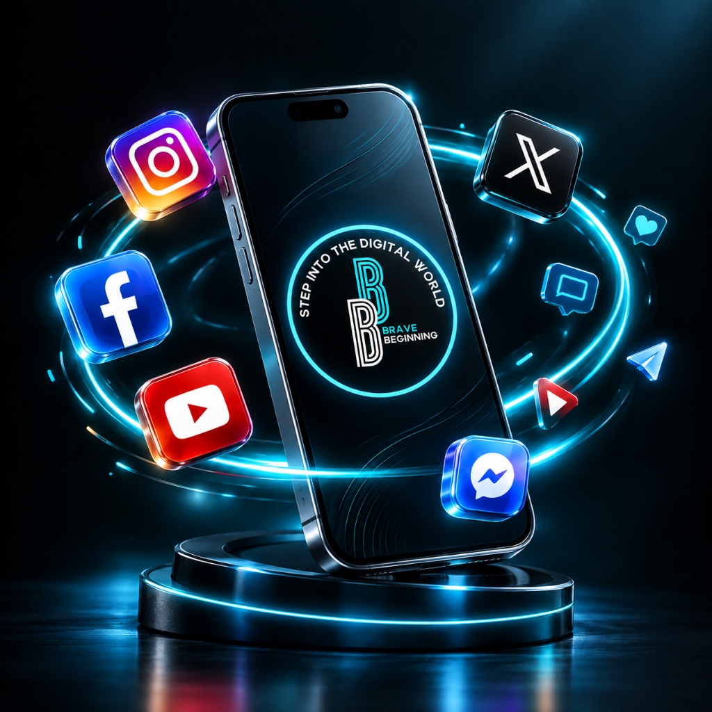 3D smartphone display with glowing aqua light trail and floating glass social media app icons for Instagram, TikTok, YouTube, Facebook, X, and LinkedIn