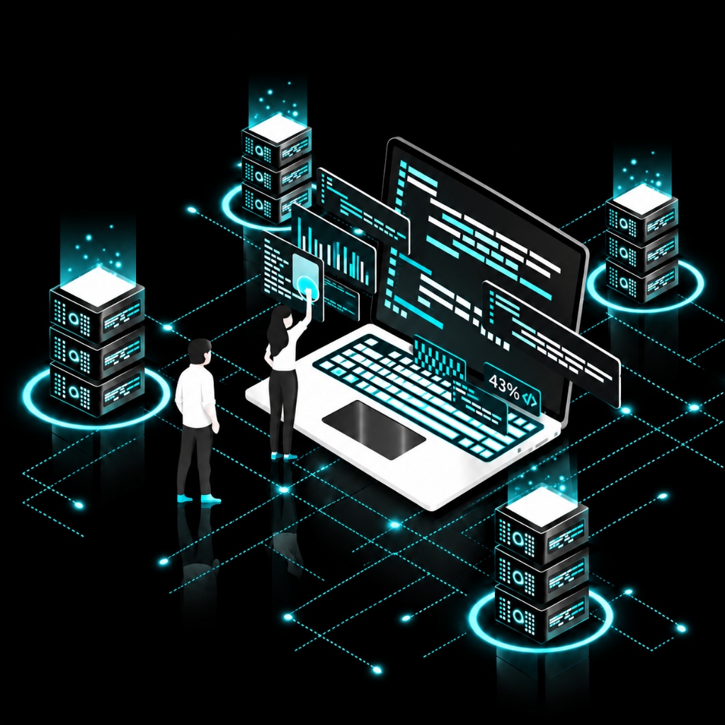 Isometric 3D web designing workspace with laptop, code interfaces, and servers